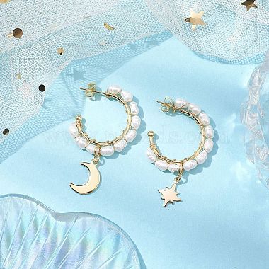 Moon & Star Natural Pearl Dangle Half Hoop Earrings(EJEW-JE05895-01)-2