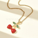 Brass & Cubic Zirconia Enamel Pendant Necklaces, 304 Stainless Steel Cable Chain Necklaces, Cherry, Golden, 15.75 inch(40cm)(SA-CBA7E55-02G)
