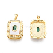 Synthetic White Shell Pendants, with Brass Green Cubic Zirconia Findings, Rectangle Charm, Real 18K Gold Plated, 21x14.5x5mm, Hole: 5x2.5mm(KK-A165-18G)