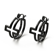 Ion Plating(IP) 304 Stainless Steel Cross Hoop Earrings for Women, Electrophoresis Black, 22x21x14mm, Pin: 0.8mm(EJEW-G293-02EB)