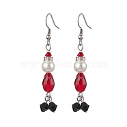 Glass Dangle Earrings, with 304 Stainless Steel French Earring Hooks, Jewely for Women, Flower, Red, 59.5~60x10mm(EJEW-TA00464)