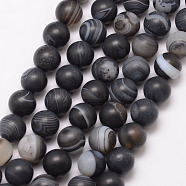 Natural Striped Agate/Banded Agate Bead Strands, Round, Grade A, Frosted, Dyed & Heated, Black, 8mm, Hole: 1mm, about 47pcs/strand, 15 inch(X-G-K166-12-8mm-03)