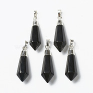 Natural Black Agate Pendants, with Silver Brass Findings, Faceted, Bullet, Dyed & Heated, 40x12x11mm, Hole: 7x5mm(G-P445-E03)