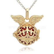 Golden Tone Brass Hollow Round Cage Pendants, with No Hole Spray Painted Brass Round Ball Beads, Round with Wing, Red, 31x30x21mm, Hole: 3x8mm(KK-J233-09G)