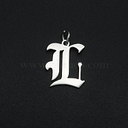 304 Stainless Steel Pendants, with Jump Ring, Old English, Letter, Laser Cut, Stainless Steel Color, Letter.L, 16x13x1mm, Hole: 3mm(STAS-R111-JA565-L)