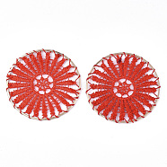 Polyester Woven Big Pendant Decorations, with Iron Findings, Flat Round, Light Gold, Red, 52x1.5mm(FIND-S283-01D)