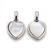 Natural White Shell Mother of Pearl Shell Pendants, with Brass Settings, Heart, Platinum, 18x15x5mm, Hole: 2x4mm(BSHE-F011-05A-P)