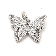 Rack Plating Brass Micro Pave Cubic Zirconia Charms, Hollow Butterfly Charm, Long-Lasting Plated,with Jump Rings, Cadmium Free & Lead Free, Real Platinum Plated, 9.5x13x2mm, Hole: 3mm(KK-K270-35P)