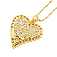 Brass Micro Pave Clear Cubic Zirconia Pendant Necklaces, Heart, Real 18K Gold Plated, 17.68 inch(449mm), Heart: 25x23.5mm(NJEW-M220-01A-G)
