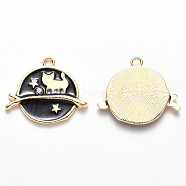 Alloy Enamel Pendants, with Crystal Rhinestone, Flat Round, Star & Cat, Clear, Light Gold, Black, 22x26x2.5mm, Hole: 2mm(ENAM-N054-017D)