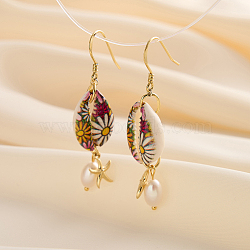 S925 Sterling Silver Shell Shape with Starfish Dangle Earrings, with Natural Freshwater Pearl & S925 Stamp, Real 14K Gold Plated, 55~56x13~13.5mm(EJEW-M096-02G)