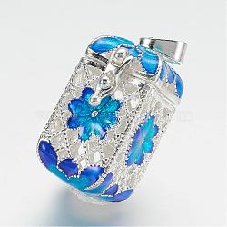 Brass Prayer Box Pendants, with Enamel, Cuboid with Flower, Blue, Silver Color Plated, 28x18x14mm, Hole: 3.5x6mm(KK-D528-04S)