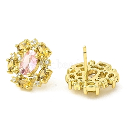 Flower Brass Micro Pave Cubic Zirconia Stud Earrings, Long-Lasting Plated, Lead Free & Cadmium Free, Real 18K Gold Plated, 14mm(EJEW-L270-13G)