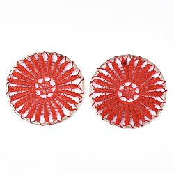 Polyester Woven Big Pendant Decorations, with Iron Findings, Flat Round, Light Gold, Red, 52x1.5mm(FIND-S283-01D)
