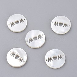 Natural White Shell Links Connectors, Flat Round with Word Mom, for Mother's Day, 15~16x1.4~1.8mm, Hole: 1mm(SSHEL-L018-003)