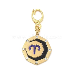 304 Stainless Steel Enamel Pendant Decoration, with Clear Cubic Zirconia, Octagon with Constellations, Golden, Aries, 35.5mm(STAS-S168-01G-01)