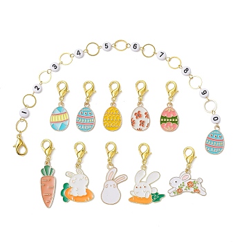 11 Style Easter Theme Acrylic Beaded Knitting Row Counter Chains & Locking Stitch Markers Kits, with Alloy Enamel Pendants, Egg/Carrot/Rabbit, Mixed Color, 35~229mm