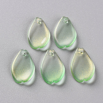 Transparent Spray Painted Glass Pendants, with Glitter Powder, Petaline, Light Green, 16x9.5x2mm, Hole: 1mm