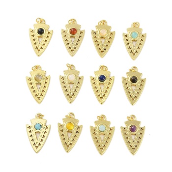 Natural & Synthetic Mixed Gemstone Pendants, 304 Stainless Steel Arrow Head Charms with Jump Rings, Real 18K Gold Plated, 25x15x4mm, Hole: 2.5mm