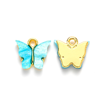 Alloy Pendants, with Resin and Glitter Powder, Cadmium Free & Lead Free, Butterfly, Golden, Cyan, 13x13~15x3.5mm, Hole: 2mm