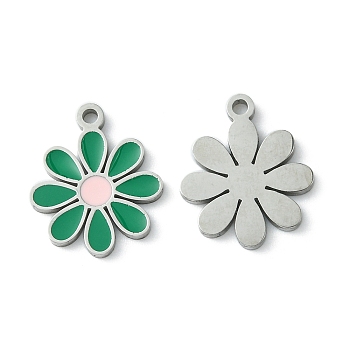 304 Stainless Steel Manual Polishing Pendants, with Enamel, Flower Charm, Stainless Steel Color, 17.5x14.5x1.5mm, Hole: 1.6mm