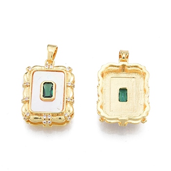 Synthetic White Shell Pendants, with Brass Green Cubic Zirconia Findings, Rectangle Charm, Real 18K Gold Plated, 21x14.5x5mm, Hole: 5x2.5mm