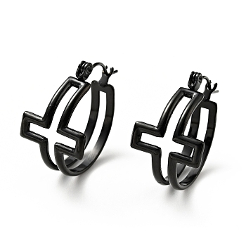 Ion Plating(IP) 304 Stainless Steel Cross Hoop Earrings for Women, Electrophoresis Black, 22x21x14mm, Pin: 0.8mm