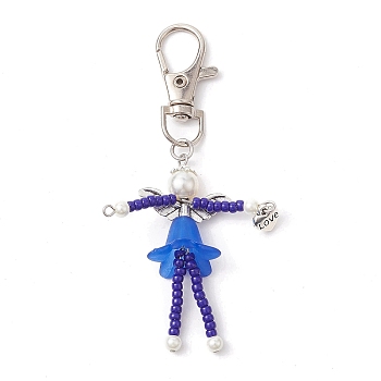 Glass Seed Bead Pendant Decorations, with Glass Pearl Beads, Acrylic Beads and Alloy Swivel Lobster Claw Clasps, Blue, 88.5mm