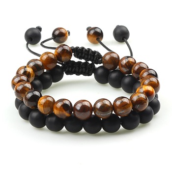 Adjustable Round Natural Tiger Iron & Frosted Obsidian Braided Bead Bracelet Sets, Stackable Bracelets for Women Men