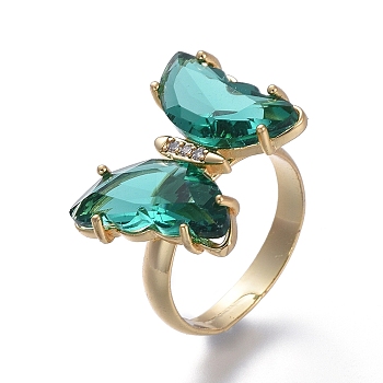 Adjustable Brass Glass Finger Rings, with Clear Cubic Zirconia, Butterfly, Golden, Teal, Size 7, Inner Diameter: 17mm