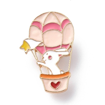 Rabbit with Hot-air Balloon Enamel Pin, Light Gold Alloy Cartoon Badge for Backpack Clothes, Pink, 31~38.5x20~37.5x2mm