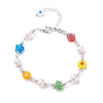 Handmade Millefiori Glass & Natural Pearl Beaded Bracelet, Flower Bracelet for Women for Women, Colorful, 7-1/2 inch(18.9cm)