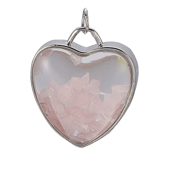 Natural Rose Quartz Chips Pendants, with Platinum Tone Brass Glass Findings, Heart, 37x32x18~18.5mm, Hole: 6mm