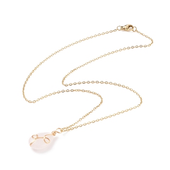 Natural Rose Quartz Teardrop Pendant Necklace, Gold Plated 304 Stainless Steel Wire Wrap Jewelry for Women, 17.72 inch(45cm)