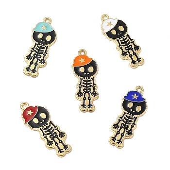 Alloy Enamel Pendants, Skeleton with Hat Charm, Golden, Mixed Color, 32.5x13x1.5mm, Hole: 1.6mm