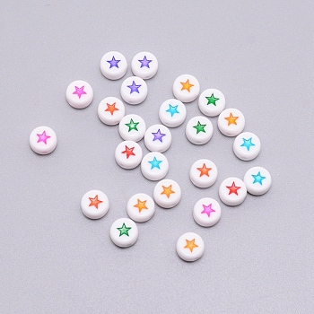 Opaque Acrylic Beads, with Enamel, Flat Round with Star, Mixed Color, 7x4mm, Hole: 1.6mm, 100pcs/bag
