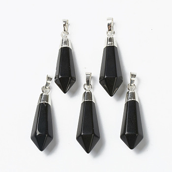 Natural Black Agate Pendants, with Silver Brass Findings, Faceted, Bullet, Dyed & Heated, 40x12x11mm, Hole: 7x5mm