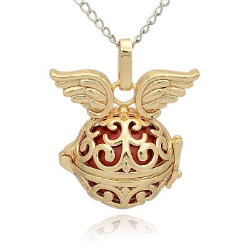 Golden Tone Brass Hollow Round Cage Pendants, with No Hole Spray Painted Brass Round Ball Beads, Round with Wing, Red, 31x30x21mm, Hole: 3x8mm