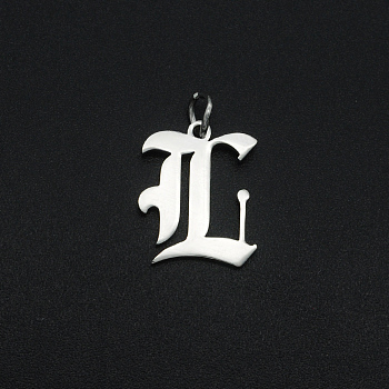 304 Stainless Steel Pendants, with Jump Ring, Old English, Letter, Laser Cut, Stainless Steel Color, Letter.L, 16x13x1mm, Hole: 3mm