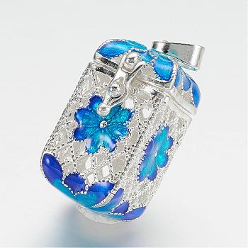 Brass Prayer Box Pendants, with Enamel, Cuboid with Flower, Blue, Silver Color Plated, 28x18x14mm, Hole: 3.5x6mm