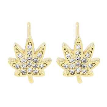 Brass Micro Pave Clear Cubic Zirconia Stud Earrings for Women, Real 18K Gold Plated, Leaf, 9x8mm