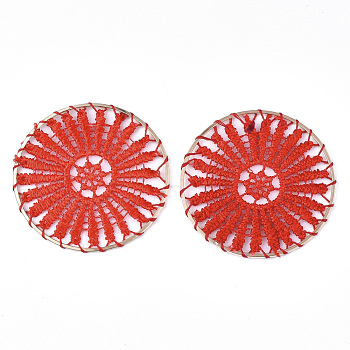 Polyester Woven Big Pendant Decorations, with Iron Findings, Flat Round, Light Gold, Red, 52x1.5mm