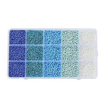 DIY 15 Grids ABS Plastic & Glass Seed Beads Jewelry Making Finding Beads Kits, Rondelle, Royal Blue, 2~4.5x1.5~4.5mm, Hole: 0.8~1.2mm