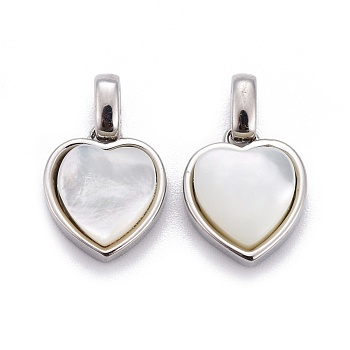 Natural White Shell Mother of Pearl Shell Pendants, with Brass Settings, Heart, Platinum, 18x15x5mm, Hole: 2x4mm