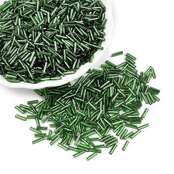 Silver Lined Glass Bugle Beads, Round Hole, Green, 6~7x1.5~2mm, Hole: 0.5mm, about 12500pcs/bag