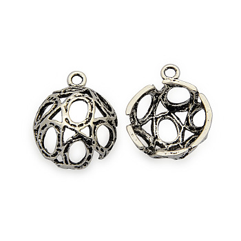Brass Pendants, Hollow Half Round/Dome, Nickel Free, Antique Silver, 19x16x7mm, Hole: 2mm