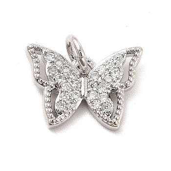 Rack Plating Brass Micro Pave Cubic Zirconia Charms, Hollow Butterfly Charm, Long-Lasting Plated,with Jump Rings, Cadmium Free & Lead Free, Real Platinum Plated, 9.5x13x2mm, Hole: 3mm
