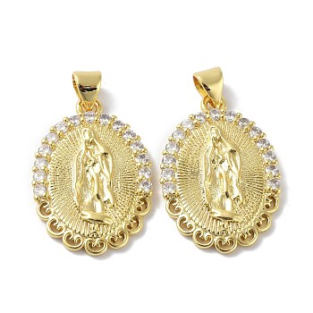 Brass Cubic Zirconia Pendants, Long-Lasting Plated, Real 18K Gold Plated, Oval with Virgin Pattern, 26.5x17x3mm, Hole: 3.5x5mm