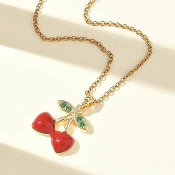 Brass & Cubic Zirconia Enamel Pendant Necklaces, 304 Stainless Steel Cable Chain Necklaces, Cherry, Golden, 15.75 inch(40cm)