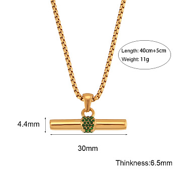 304 Stainless Steel Rhinestone T Bar Pendant Necklaces for Women, Real 18K Gold Plated, Emerald, 15.75 inch(40cm)
